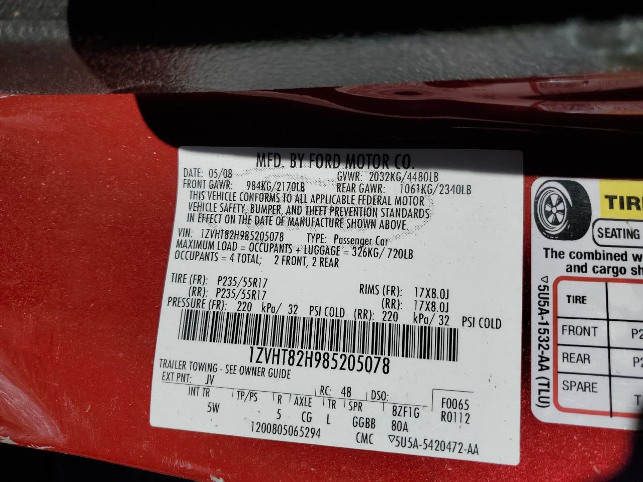 2008 Ford Mustang VIN 1ZVHT82H985205078 Copart auction photo, side damage thumbnail 13