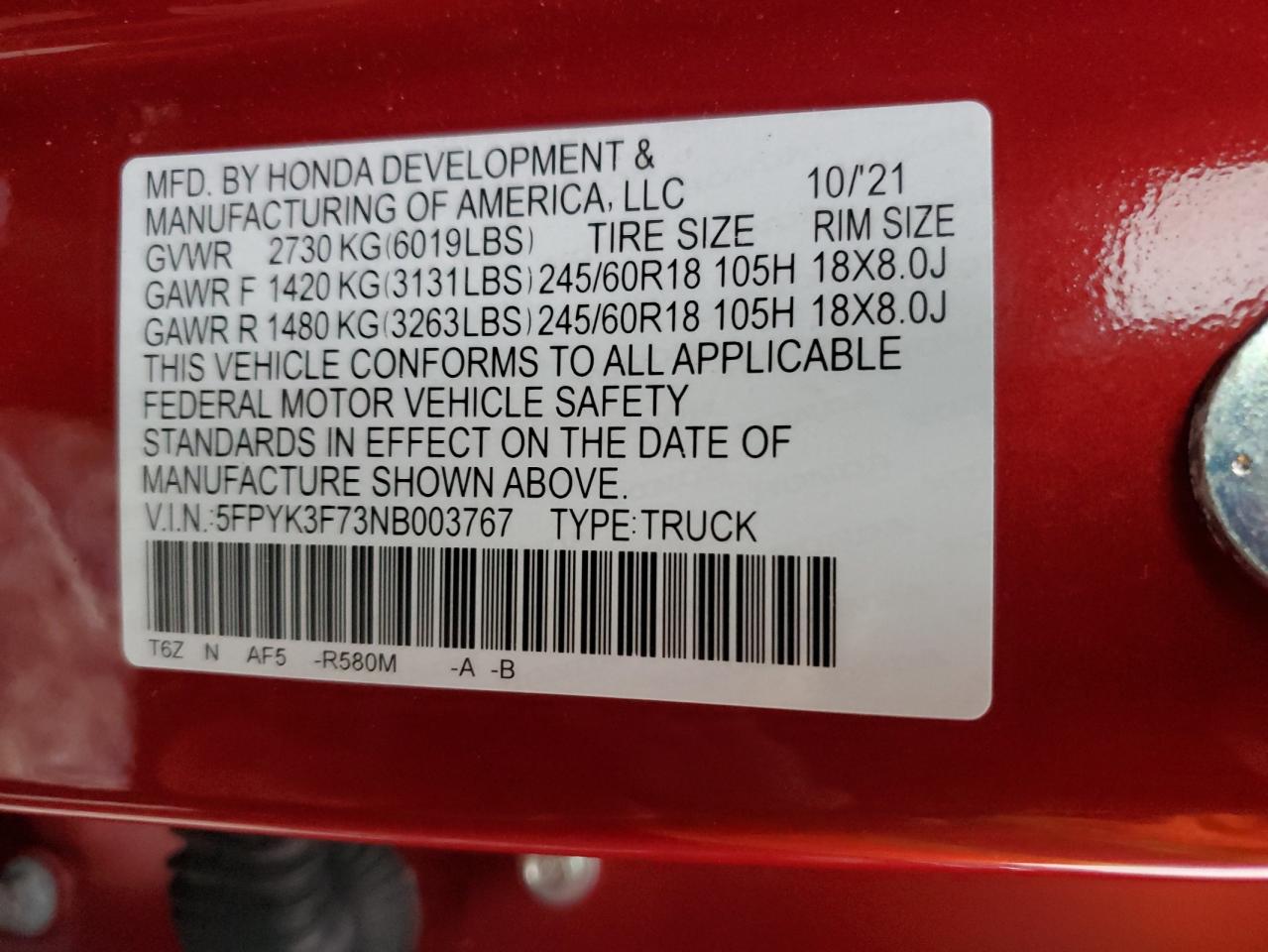 2022 Honda Ridgeline VIN 5FPYK3F73NB003767 Copart auction photo, rear end damage thumbnail 13