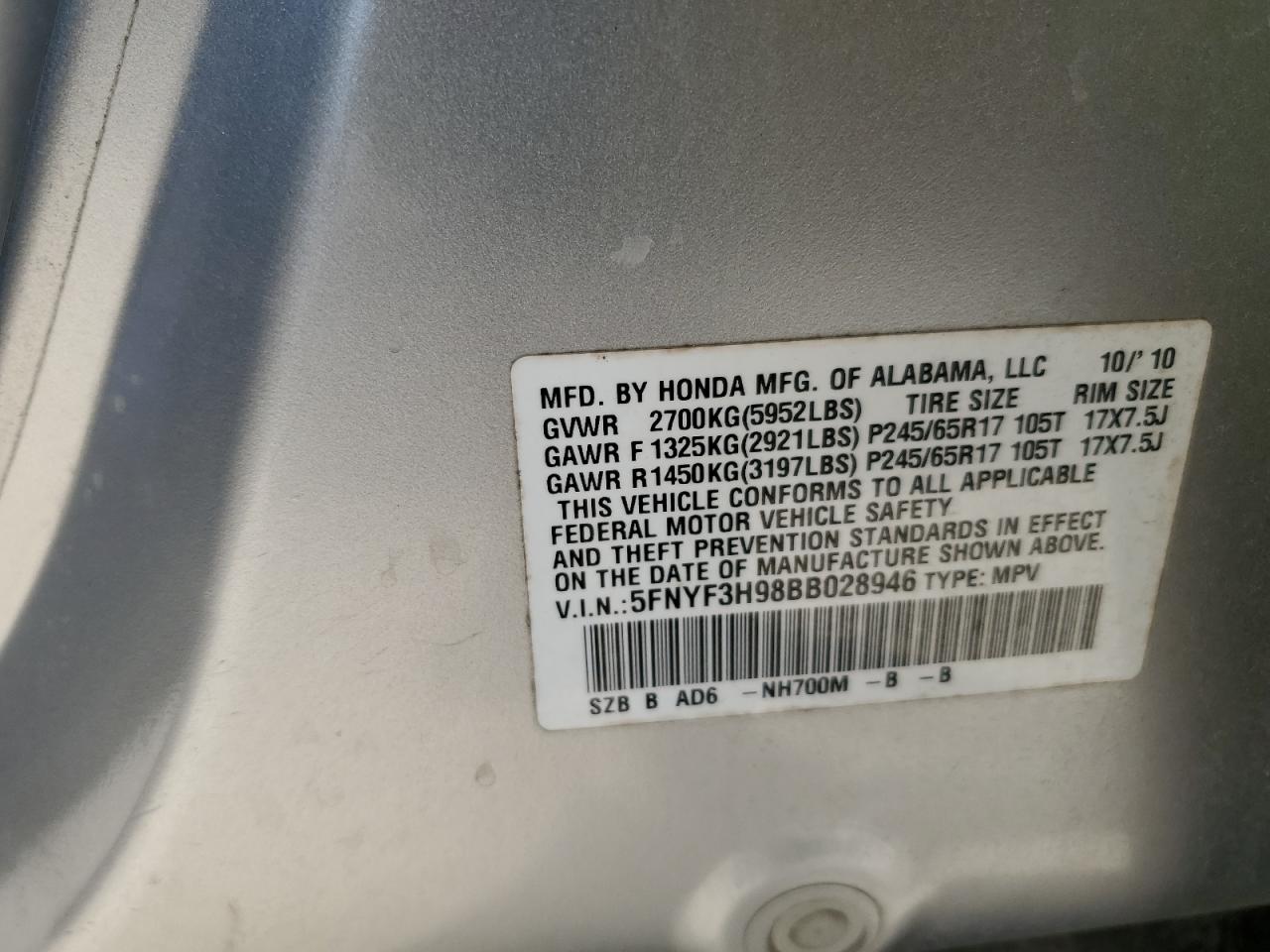 2011 Honda Pilot VIN 5FNYF3H98BB028946 Copart auction photo, rear end damage thumbnail 15