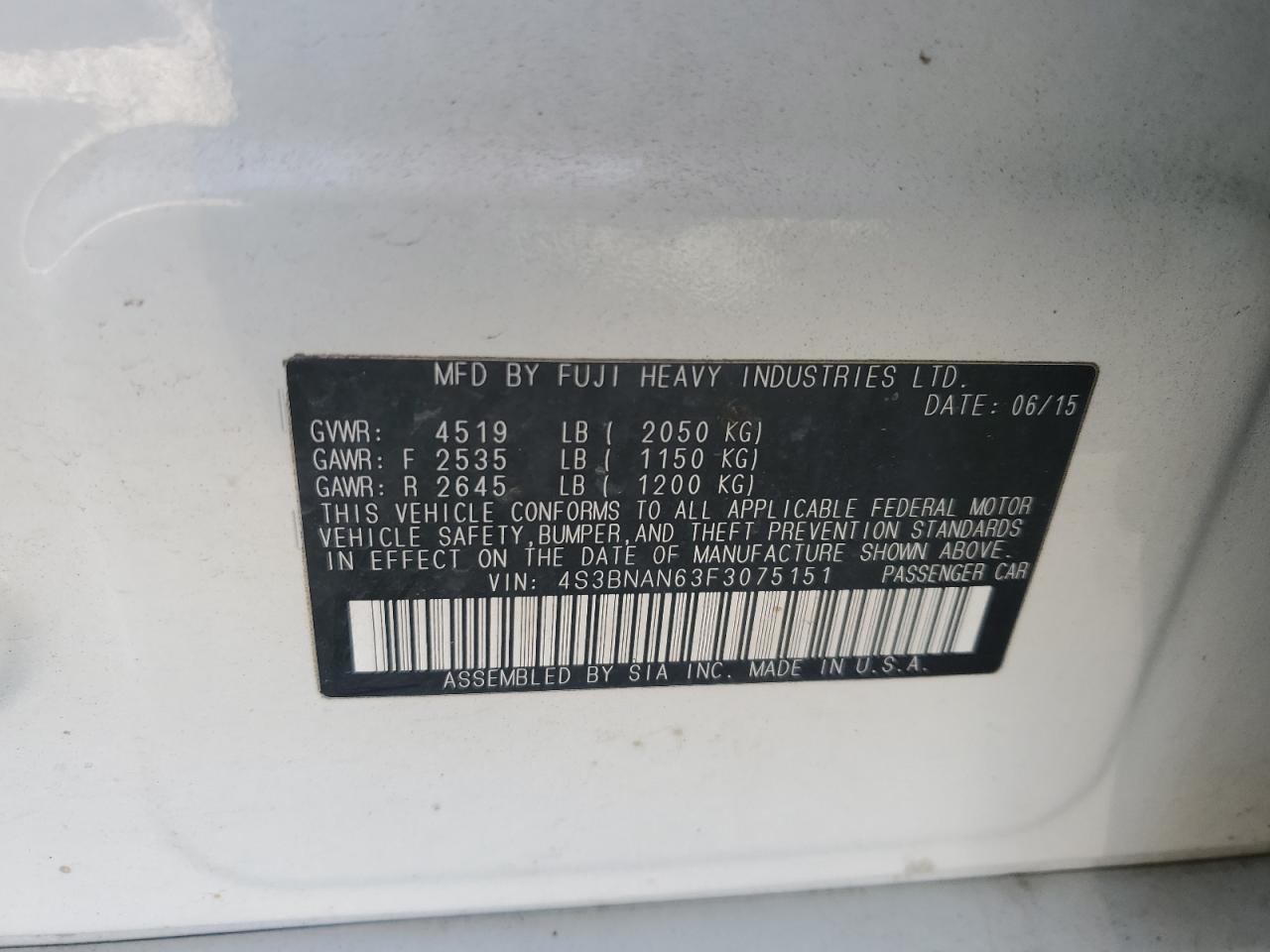 2015 Subaru Legacy VIN 4S3BNAN63F3075151 Copart auction photo, front end damage thumbnail 12