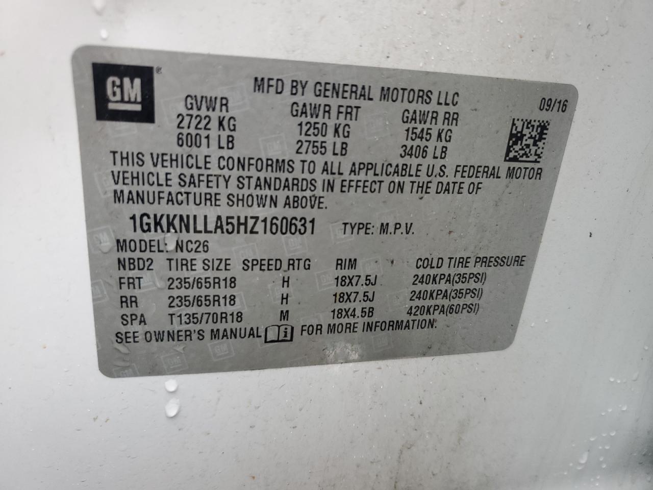 2017 GMC Acadia VIN 1GKKNLLA5HZ160631 Copart auction photo, front end / side damage thumbnail 13