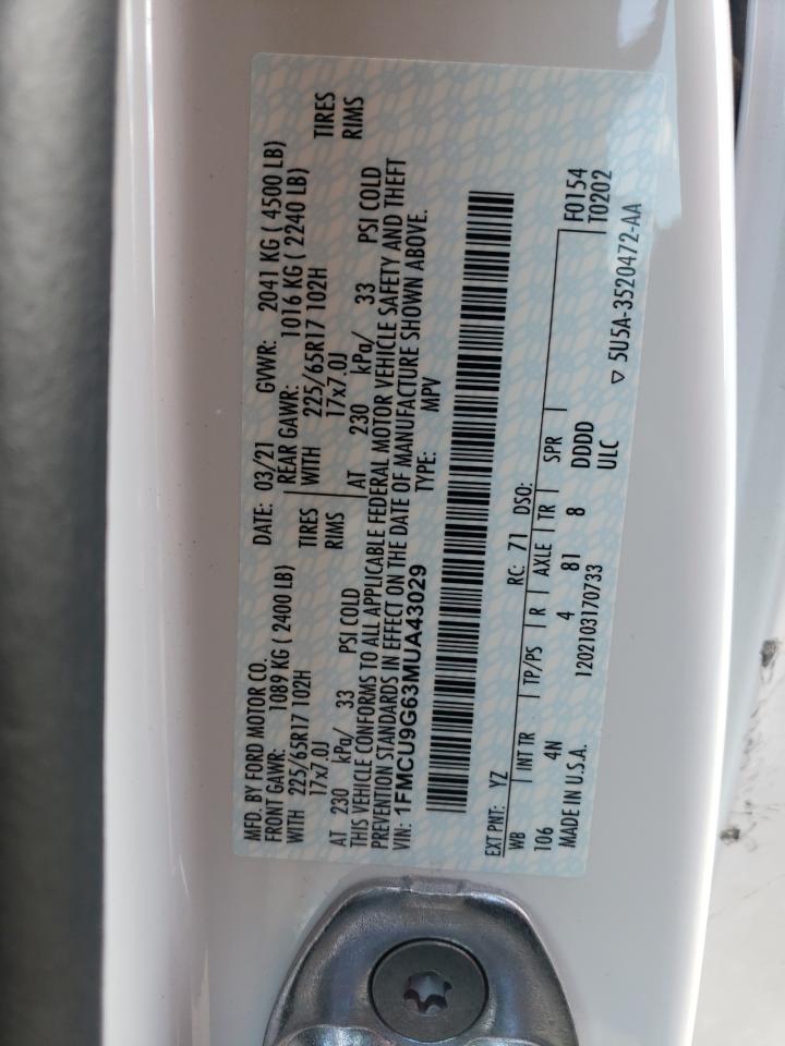 2021 Ford Escape VIN 1FMCU9G63MUA43029 Copart auction photo, front end damage thumbnail 15