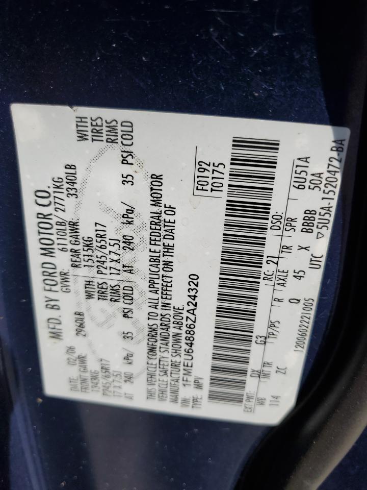 2006 Ford Explorer VIN 1FMEU64886ZA24320 Copart auction photo, top/roof damage thumbnail 13