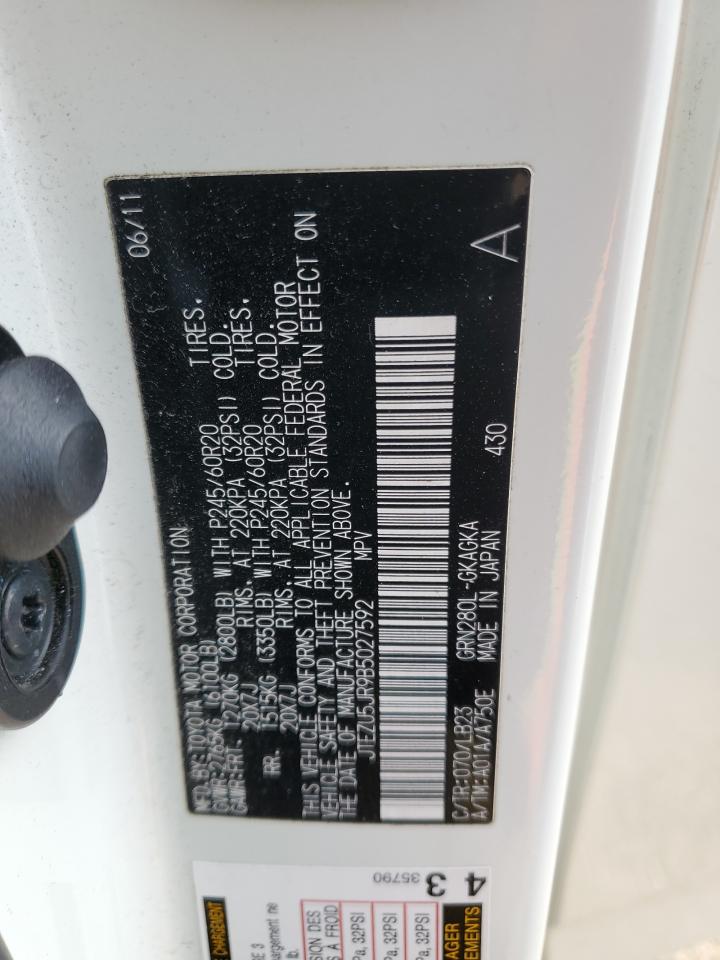 2011 Toyota 4Runner VIN JTEZU5JR9B5027592 Copart auction photo, side damage thumbnail 16