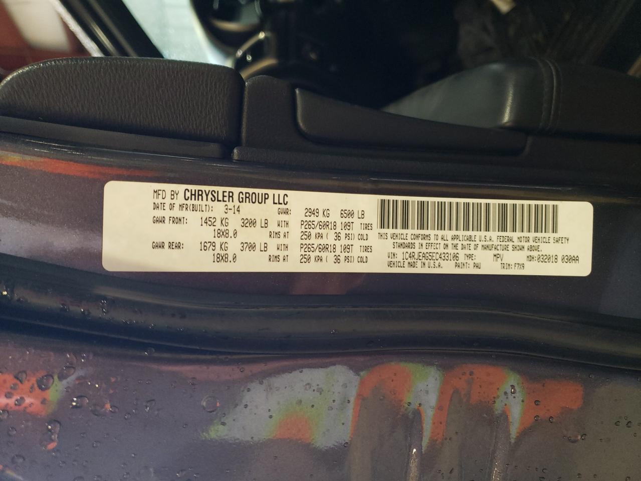 2014 Jeep Grand Cherokee VIN 1C4RJEAG5EC433106 Copart auction photo, front end / undercarriage damage thumbnail 13