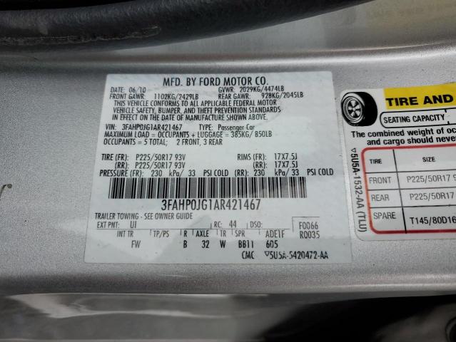 2010 Ford Fusion VIN 3FAHP0JG1AR421467 Copart auction photo, front end / side damage thumbnail 12
