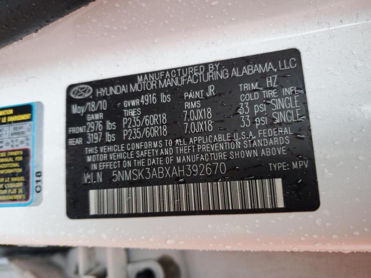 2010 Hyundai Santa Fe VIN 5NMSK3ABXAH392670 Copart auction photo, front end damage thumbnail 15