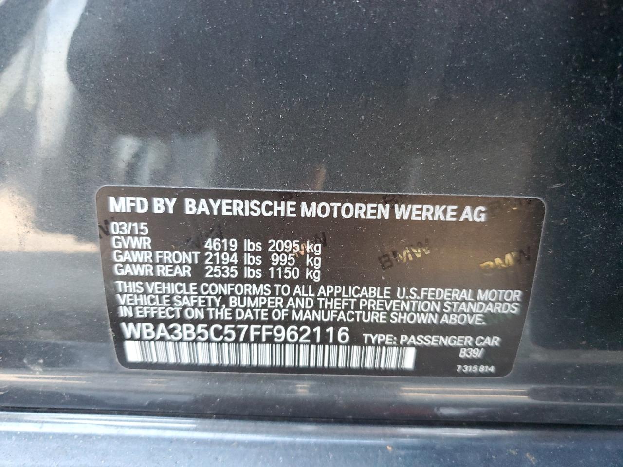 2015 BMW 3er VIN WBA3B5C57FF962116 Copart auction photo, front end damage thumbnail 12