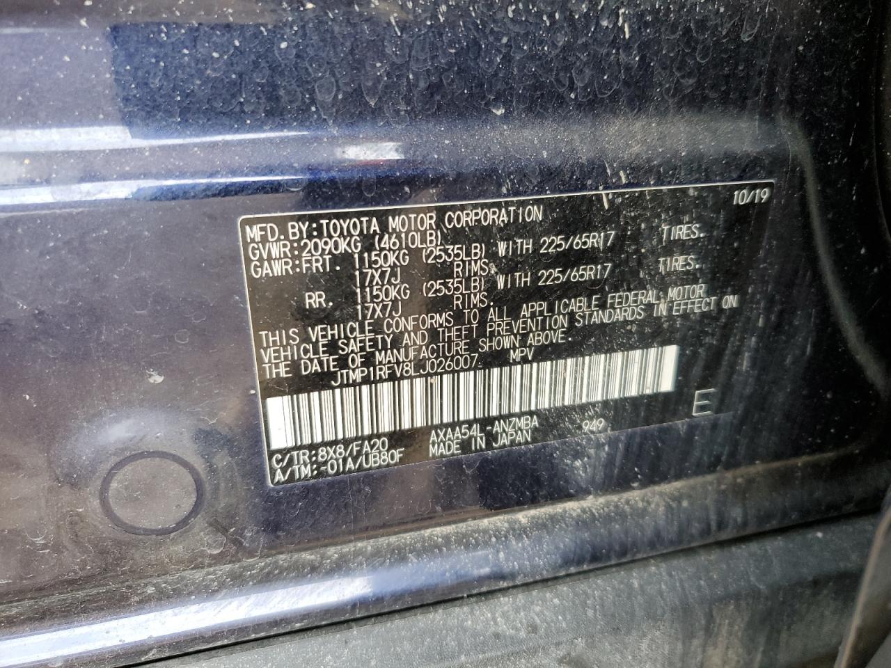 2020 Toyota RAV 4 VIN JTMP1RFV8LJ026007 Copart auction photo, rear end damage thumbnail 15