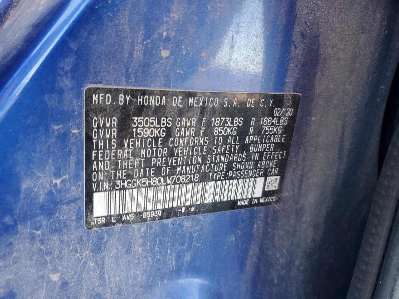 2020 Honda Fit VIN 3HGGK5H80LM708218 Copart auction photo, front end / side damage thumbnail 12