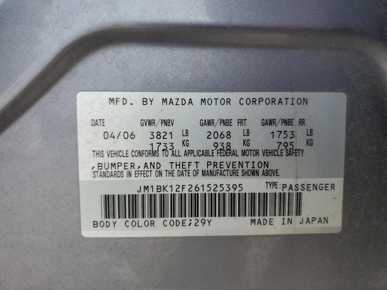 2006 Mazda 3 VIN JM1BK12F261525395 Copart auction photo, side / rear end damage thumbnail 14