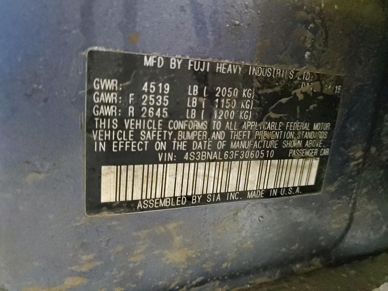 2015 Subaru Legacy VIN 4S3BNAL63F3060510 Copart auction photo, front end damage thumbnail 13