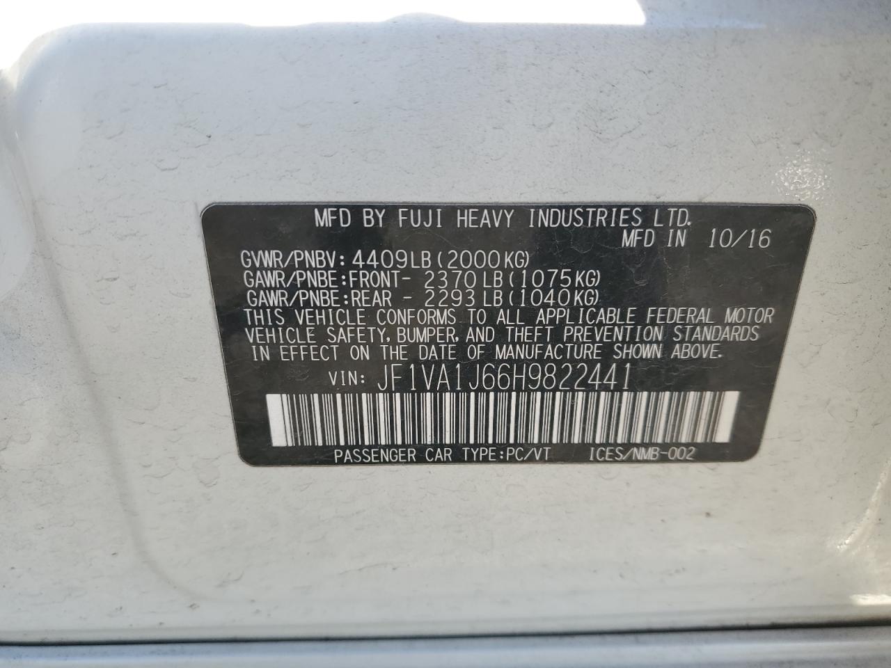 2017 Subaru WRX VIN JF1VA1J66H9822441 Copart auction photo, front end / side damage thumbnail 12