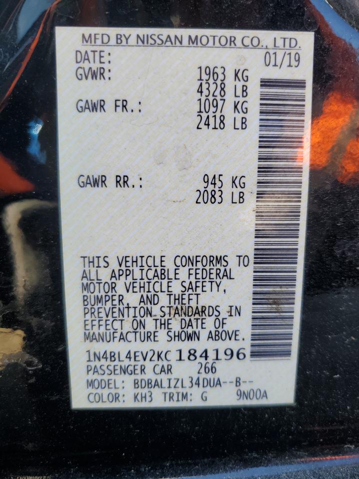 2019 Nissan Altima VIN 1N4BL4EV2KC184196 Copart auction photo, front end / side damage thumbnail 12
