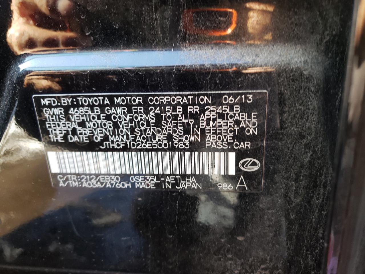2014 Lexus IS VIN JTHCF1D26E5001983 Copart auction photo, side / front end damage thumbnail 12