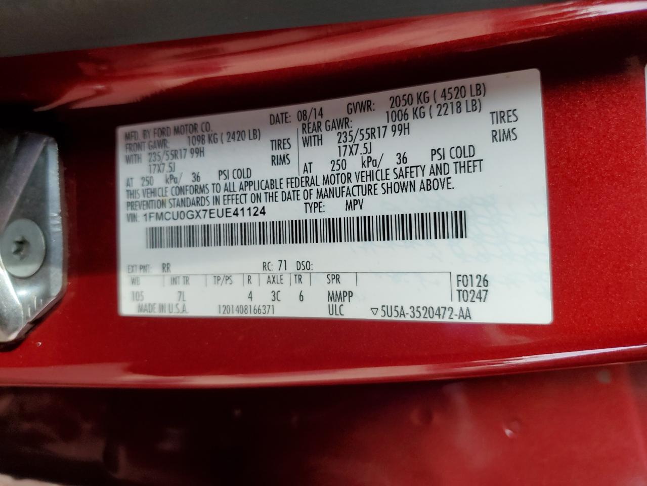2014 Ford Escape VIN 1FMCU0GX7EUE41124 Copart auction photo, front end damage thumbnail 15