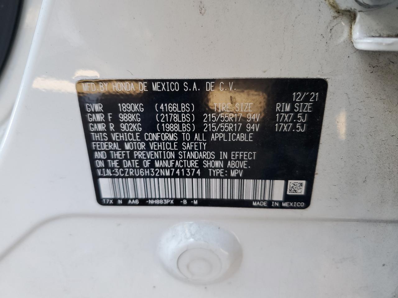 2022 Honda HR-V VIN 3CZRU6H32NM741374 Copart auction photo, front end damage thumbnail 15