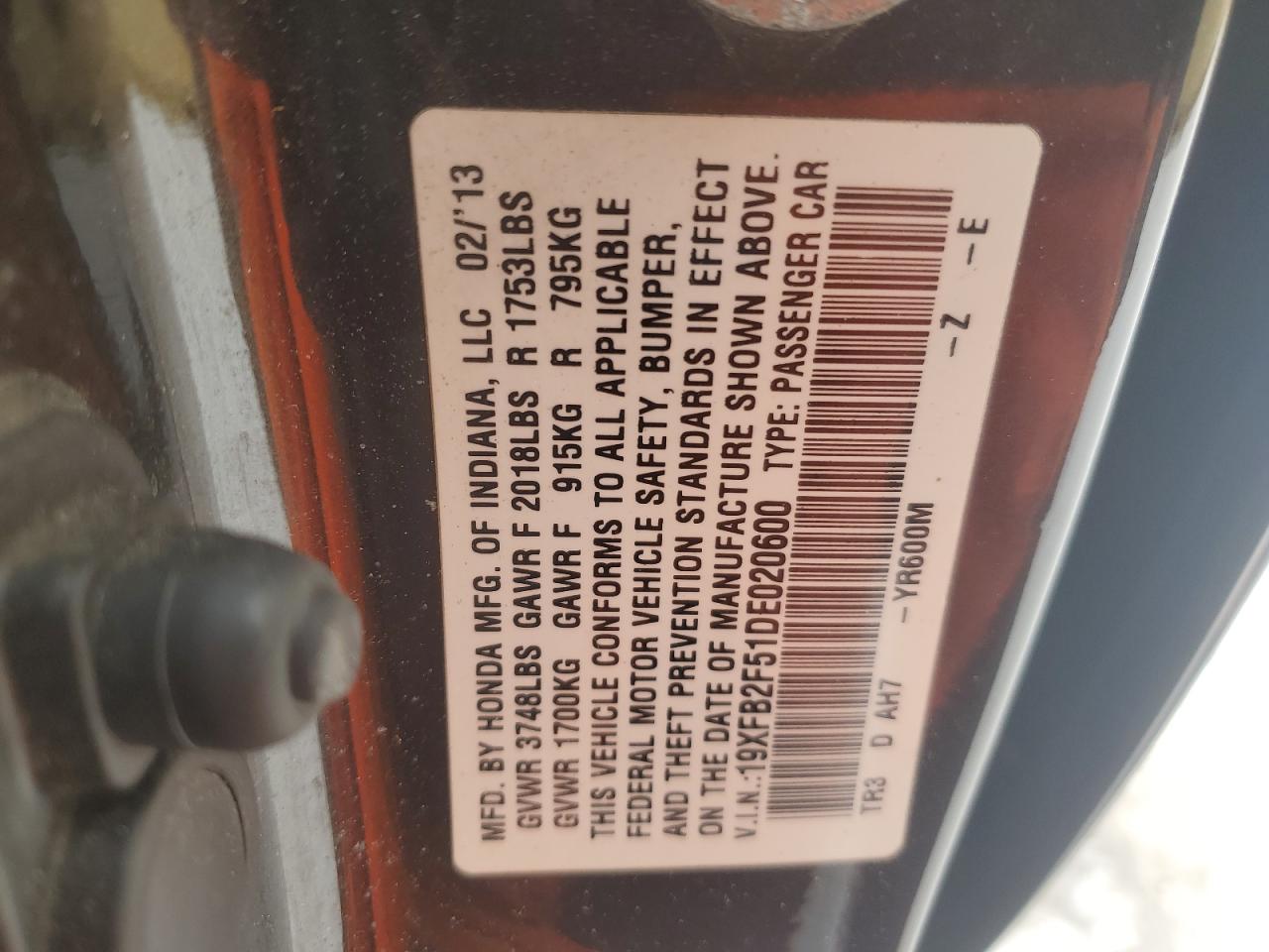 2013 Honda Civic VIN 19XFB2F51DE020600 Copart auction photo, front end / undercarriage damage thumbnail 13
