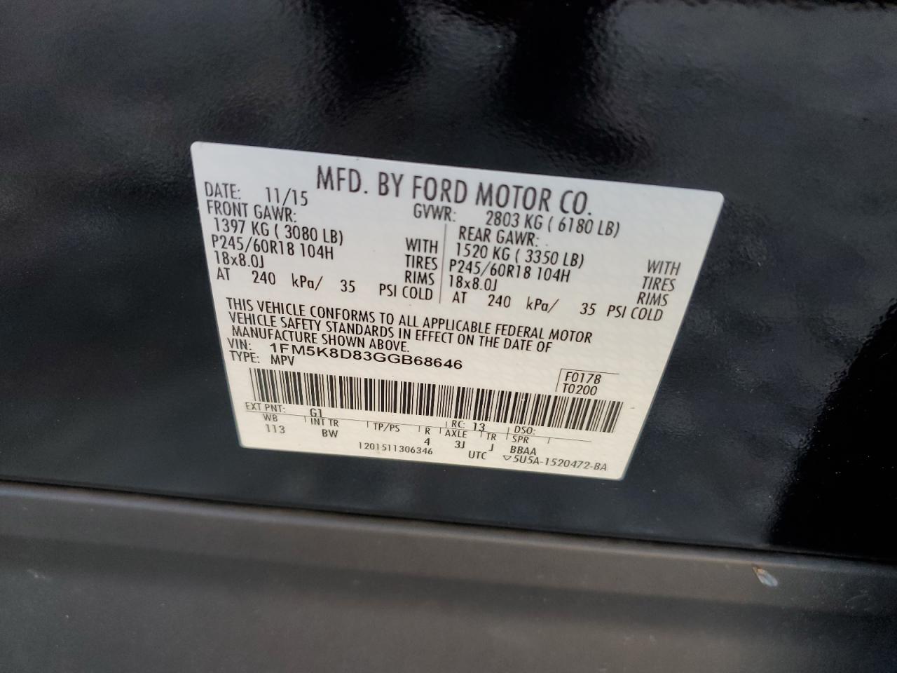 2016 Ford Explorer VIN 1FM5K8D83GGB68646 Copart auction photo, front end / minor dent/scratches damage thumbnail 13