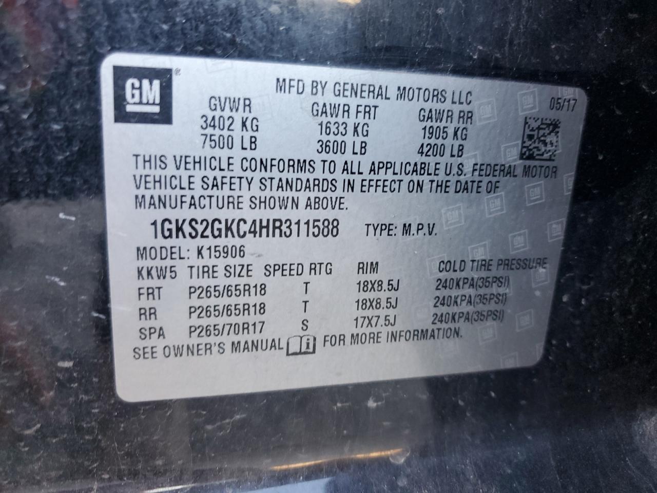 2017 GMC Yukon VIN 1GKS2GKC4HR311588 Copart auction photo, front end / minor dent/scratches damage thumbnail 15
