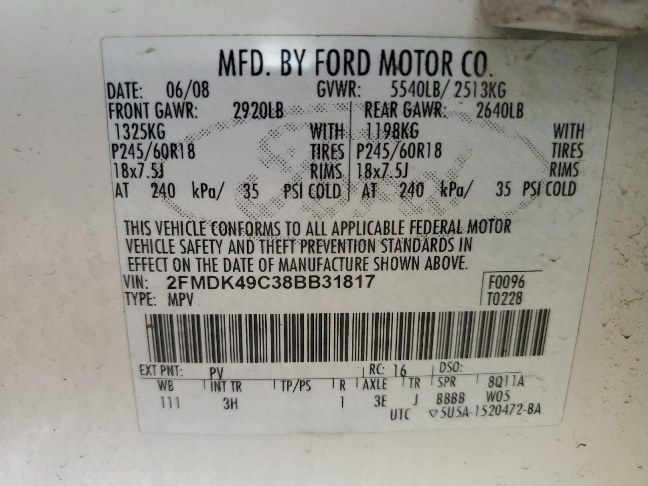 2008 Ford Edge VIN 2FMDK49C38BB31817 Copart auction photo, normal wear damage thumbnail 13