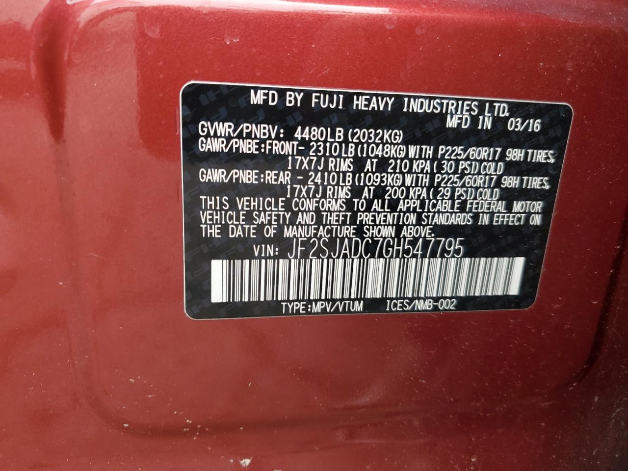 2016 Subaru Forester VIN JF2SJADC7GH547795 Copart auction photo, rear end damage thumbnail 13