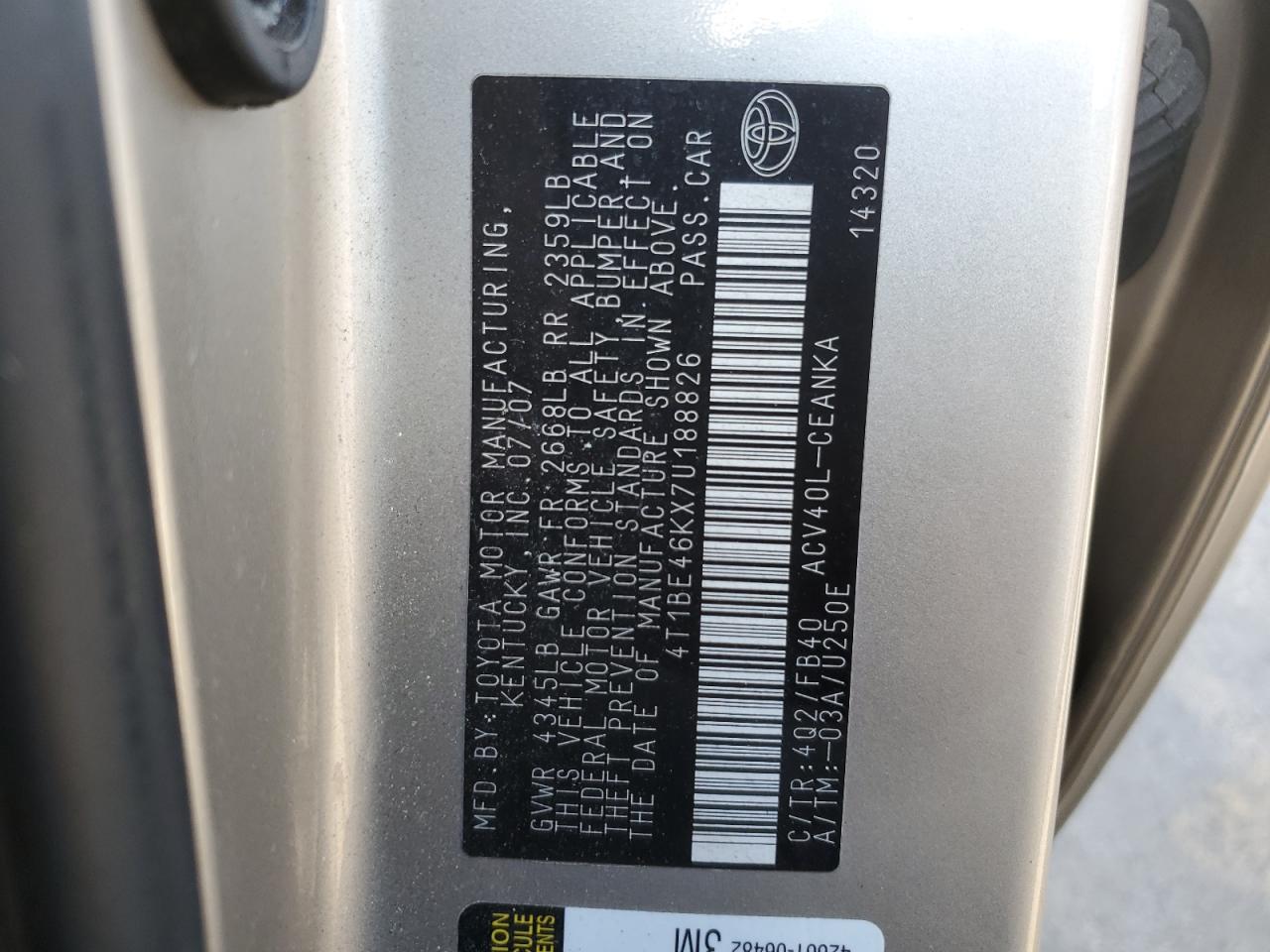 2007 Toyota Camry VIN 4T1BE46KX7U188826 Copart auction photo, front end / minor dent/scratches damage thumbnail 12