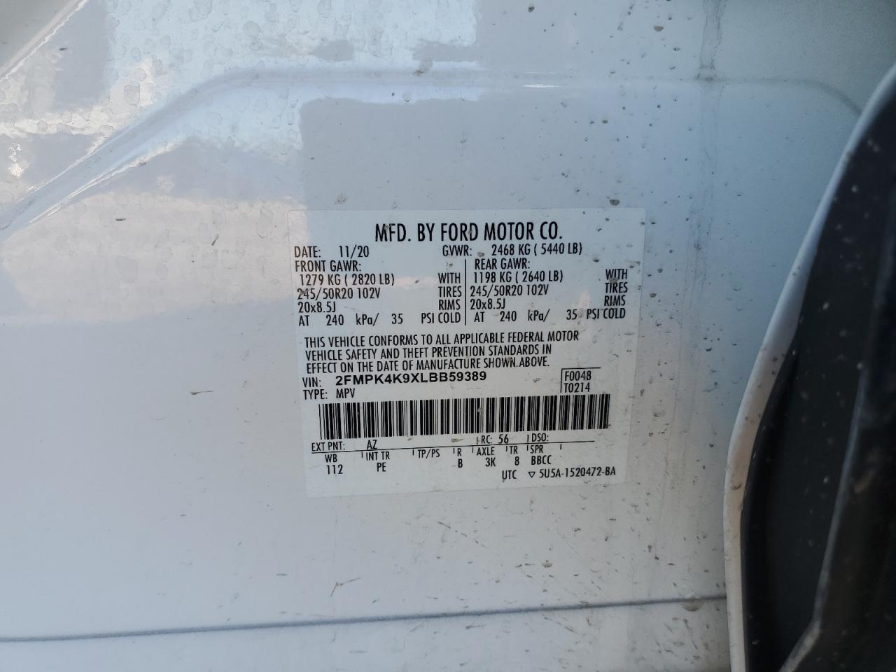 2020 Ford Edge VIN 2FMPK4K9XLBB59389 Copart auction photo, undercarriage / front end damage thumbnail 14