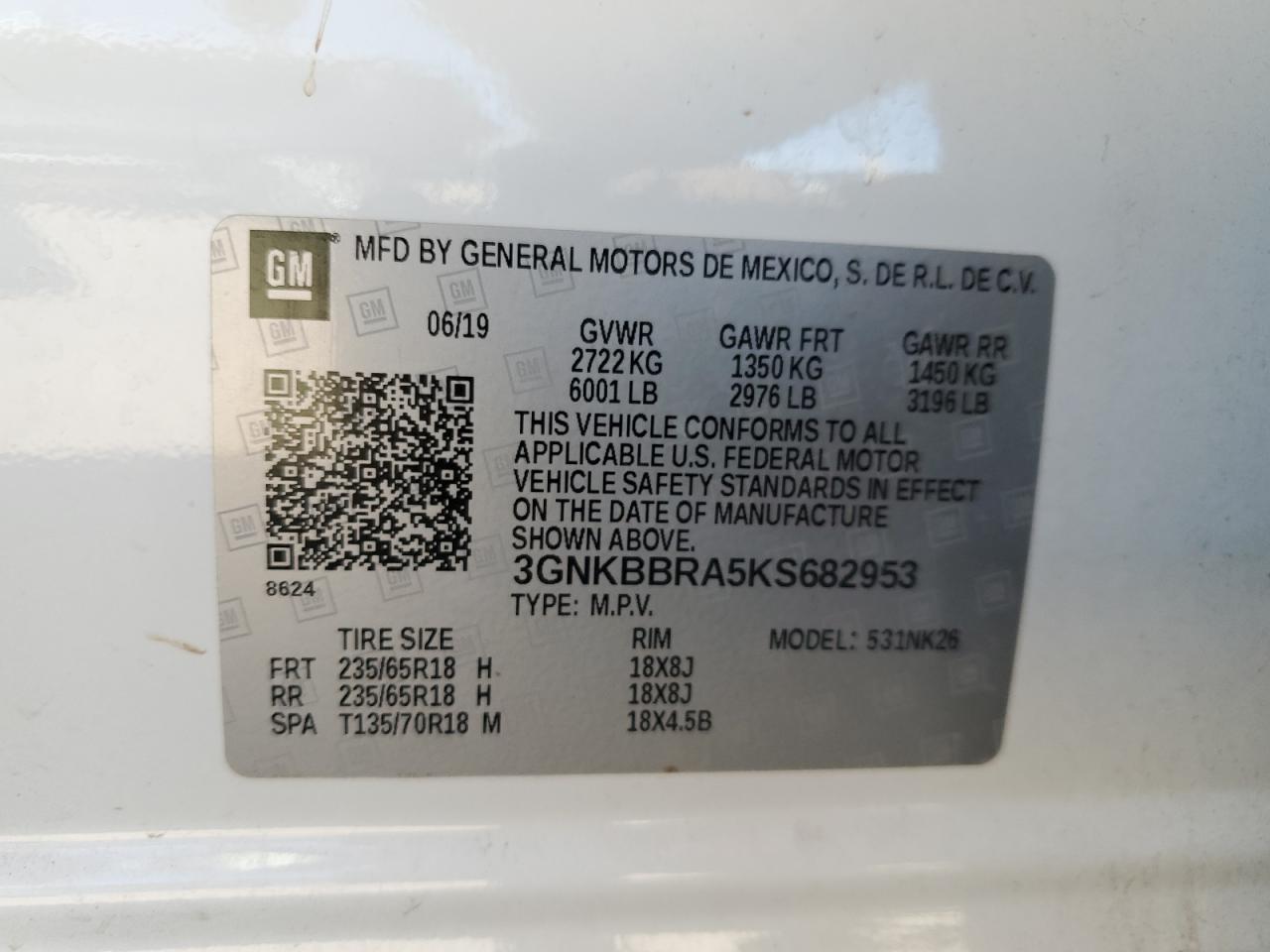 2019 Chevrolet Blazer VIN 3GNKBBRA5KS682953 Copart auction photo, front end / minor dent/scratches damage thumbnail 15