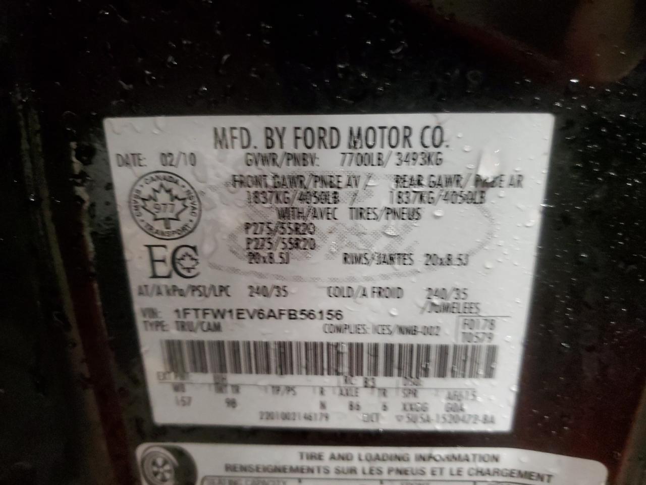 2010 Ford F-150 VIN 1FTFW1EV6AFB56156 Copart auction photo, front end damage thumbnail 13