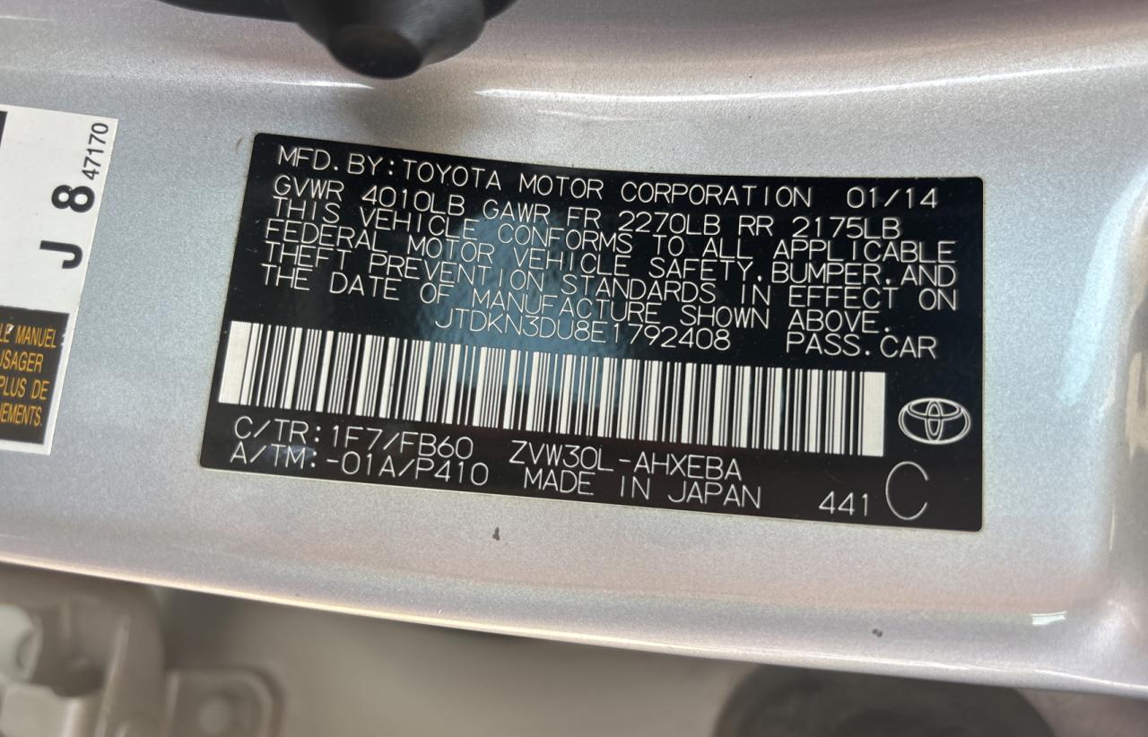 2014 Toyota Prius VIN JTDKN3DU8E1792408 Copart auction photo, normal wear / minor dent/scratches damage thumbnail 10