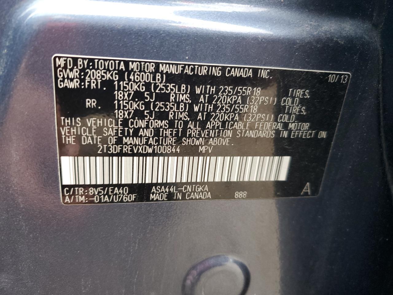 2013 Toyota RAV 4 VIN 2T3DFREVXDW100844 Copart auction photo, front end / minor dent/scratches damage thumbnail 14