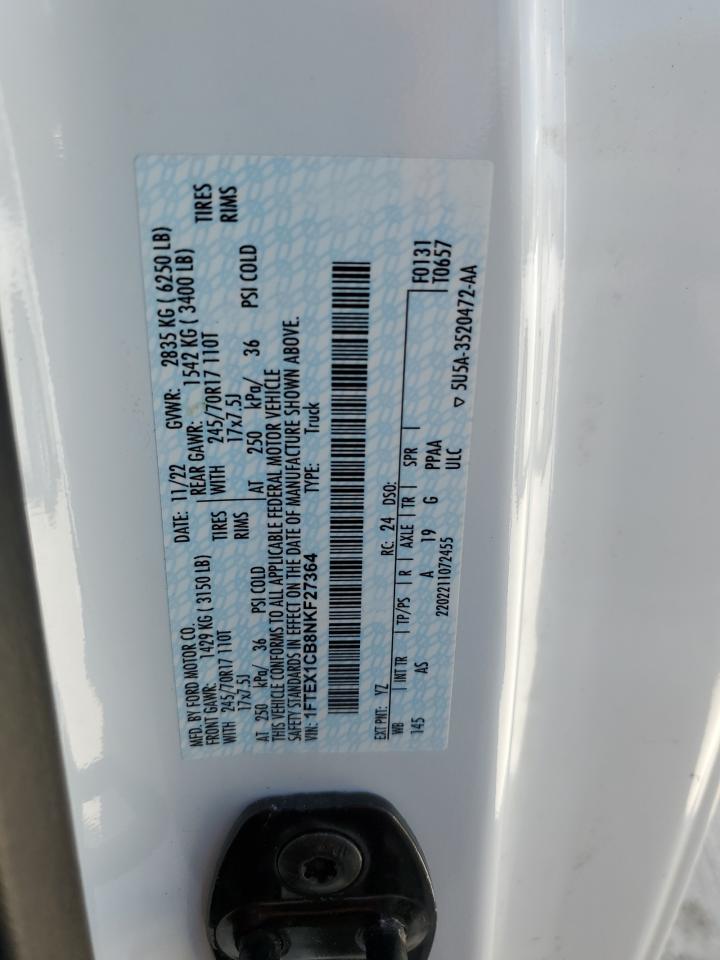 2022 Ford F-150 VIN 1FTEX1CB8NKF27364 Copart auction photo, water/flood damage thumbnail 13