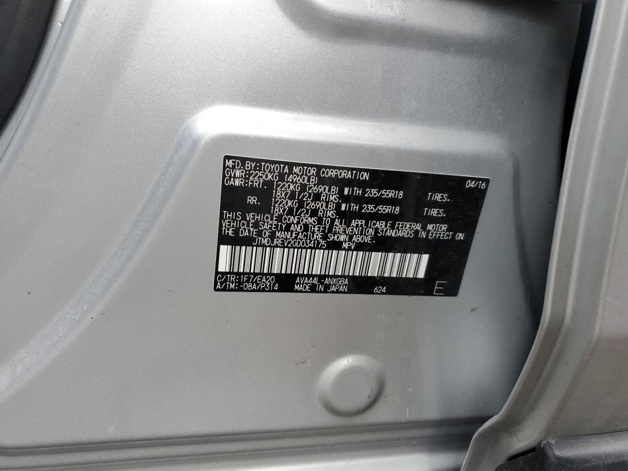 2016 Toyota RAV 4 VIN JTMDJREV2GD034175 Copart auction photo, front end damage thumbnail 13