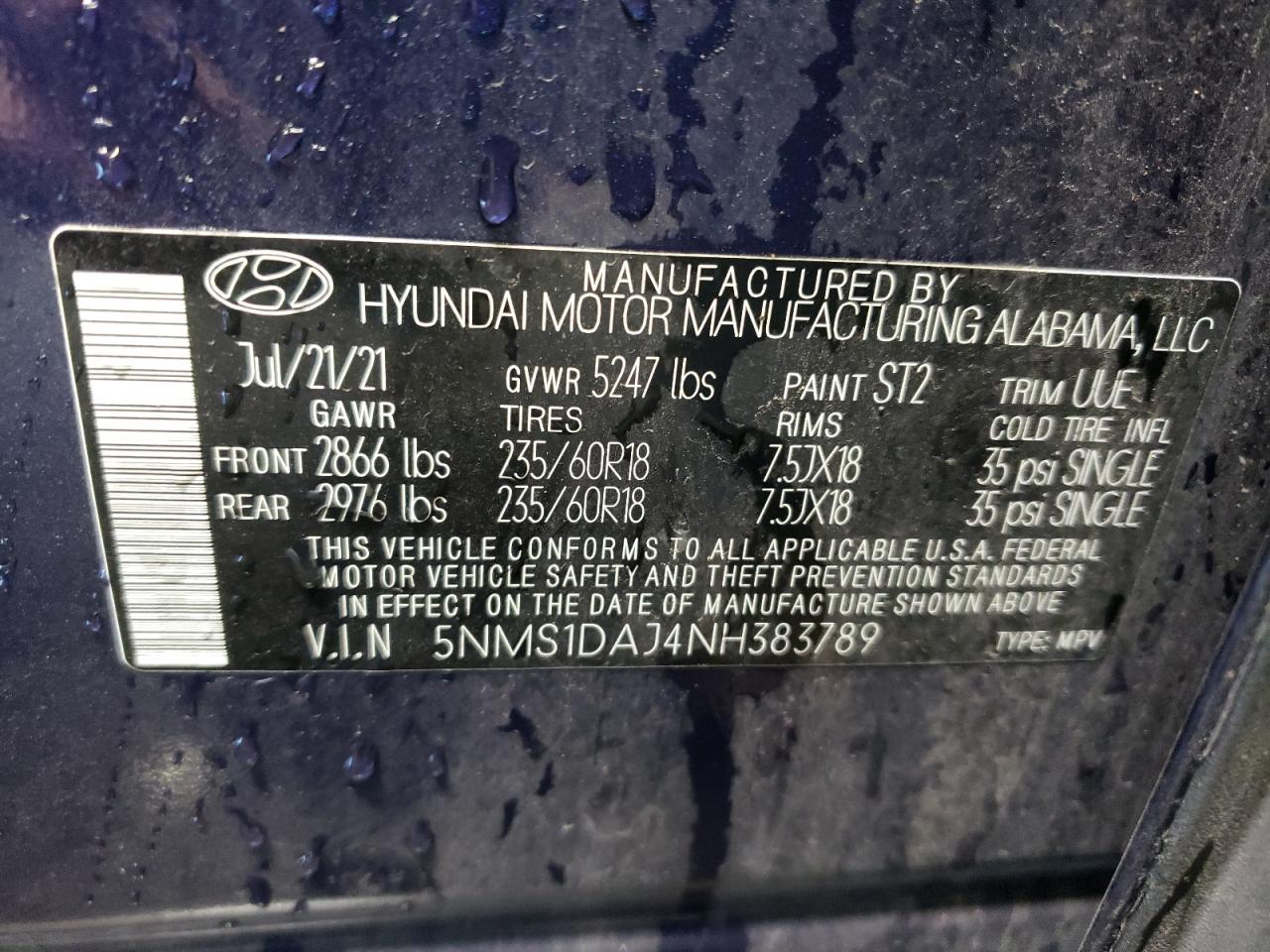 2022 Hyundai Santa Fe VIN 5NMS1DAJ4NH383789 Copart auction photo, rear end damage thumbnail 13
