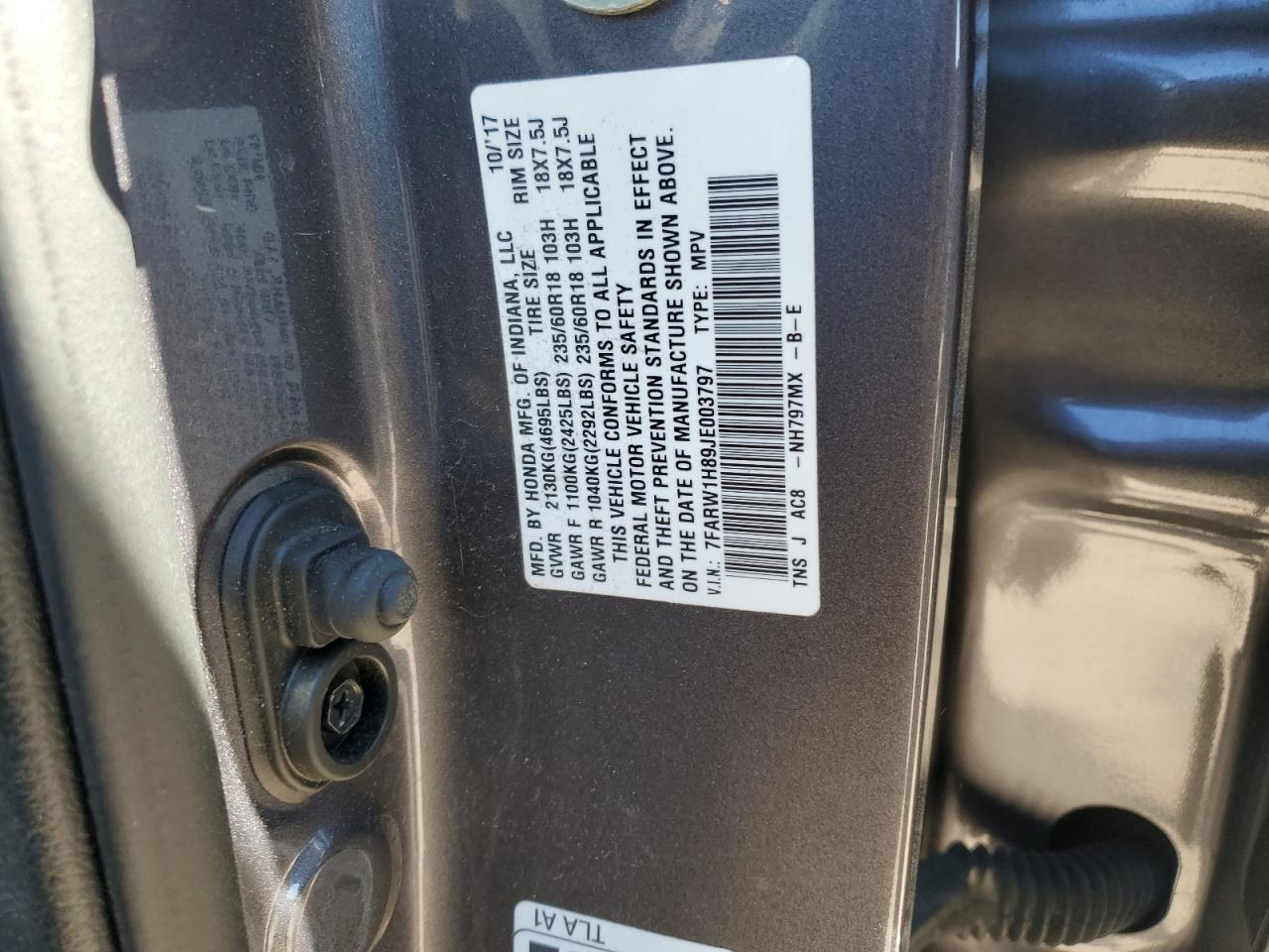 2018 Honda CR-V VIN 7FARW1H89JE003797 Copart auction photo, front end damage thumbnail 13
