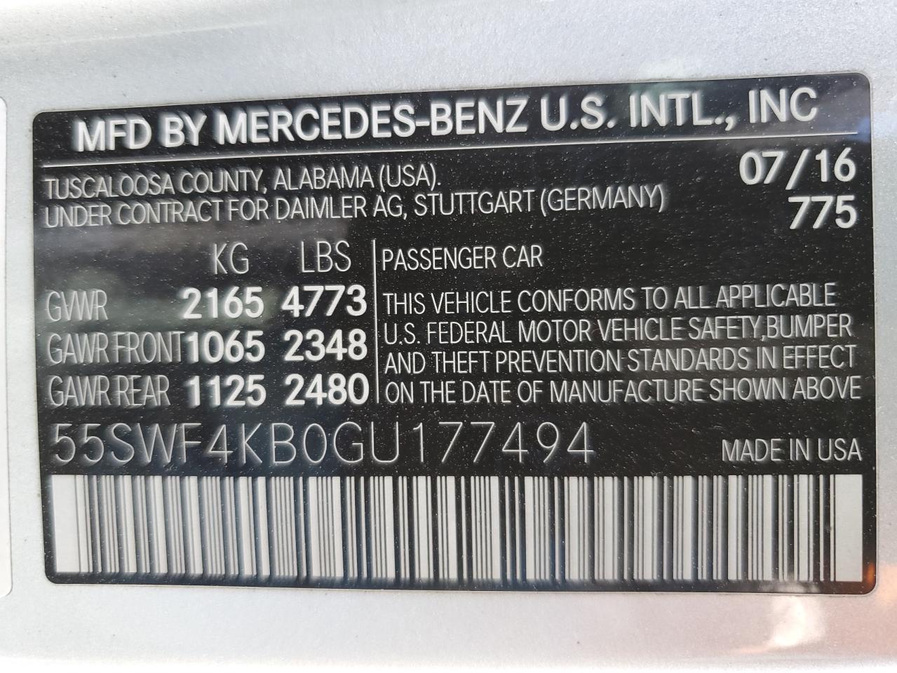 2016 Mercedes-Benz C-klasse VIN 55SWF4KB0GU177494 Copart auction photo, front end damage thumbnail 12