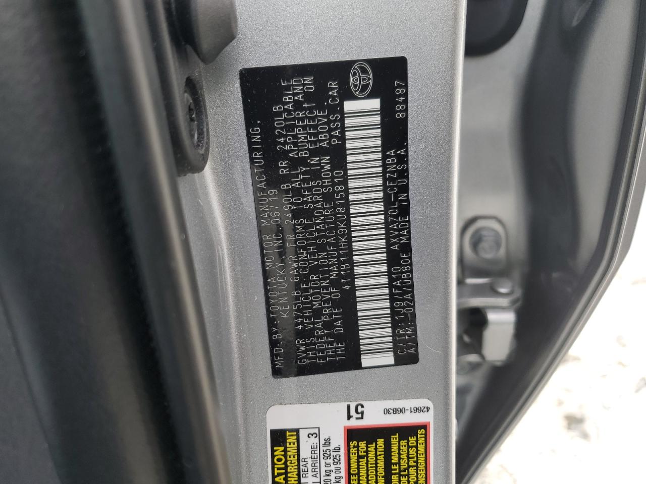 2019 Toyota Camry VIN 4T1B11HK9KU815810 Copart auction photo, front end damage thumbnail 12