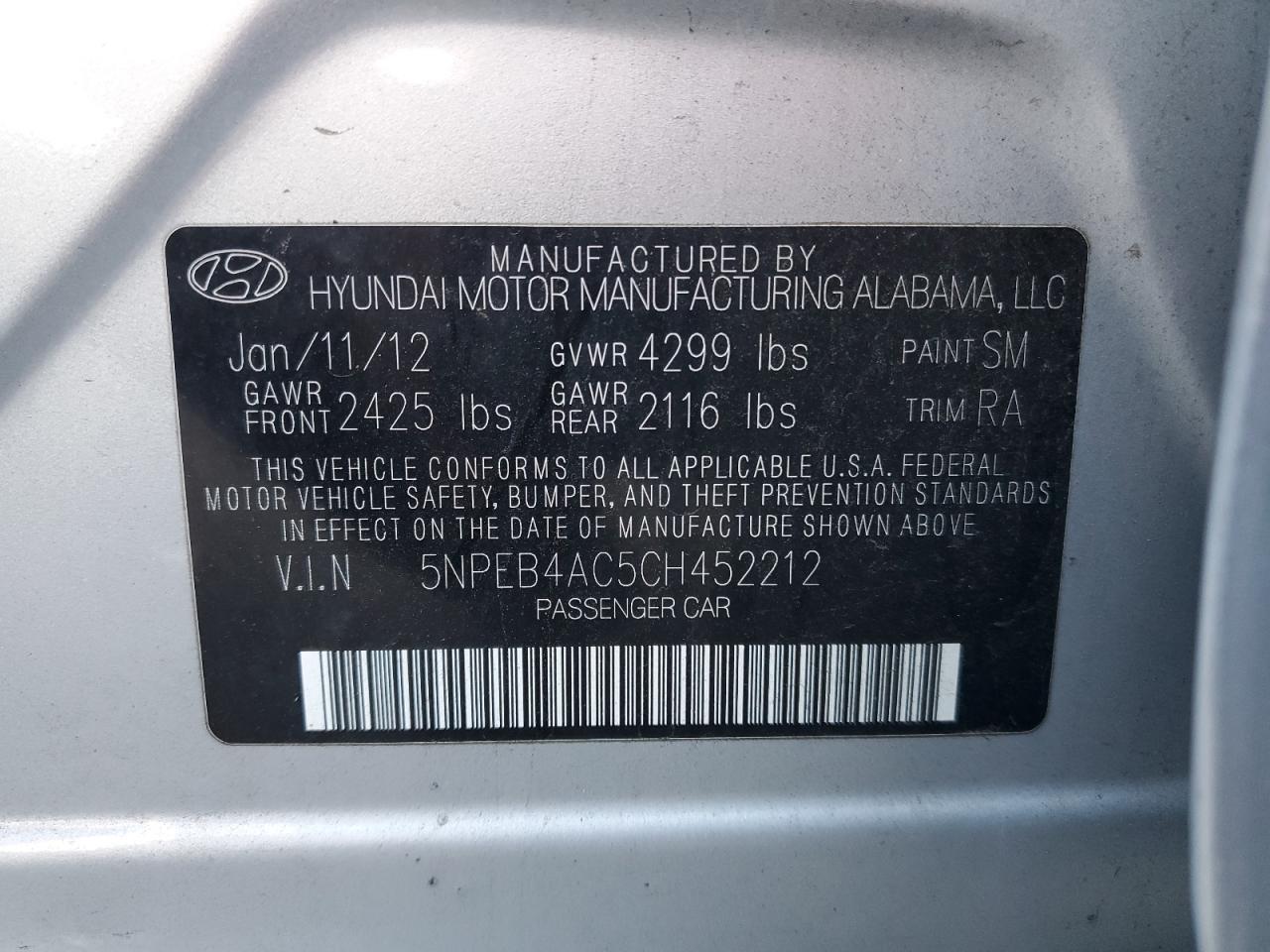 2012 Hyundai Sonata VIN 5NPEB4AC5CH452212 Copart auction photo, vandalism damage thumbnail 12