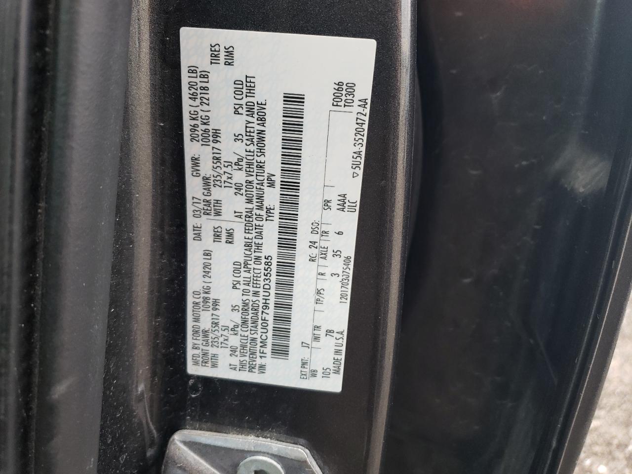 2017 Ford Escape VIN 1FMCU0F79HUD35585 Copart auction photo, front end / all over damage thumbnail 16