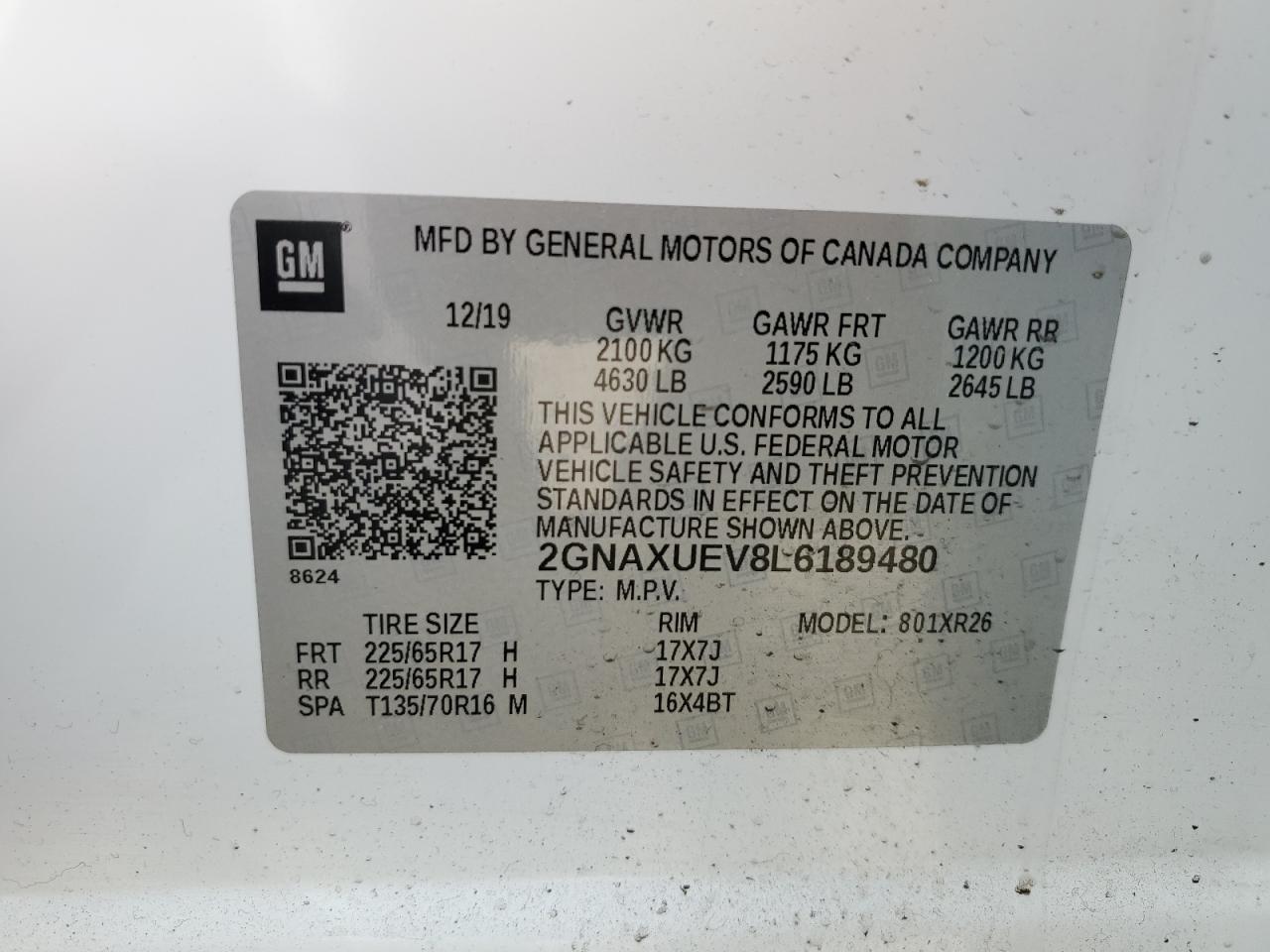 2020 Chevrolet Equinox VIN 2GNAXUEV8L6189480 Copart auction photo, rear end / minor dent/scratches damage thumbnail 12