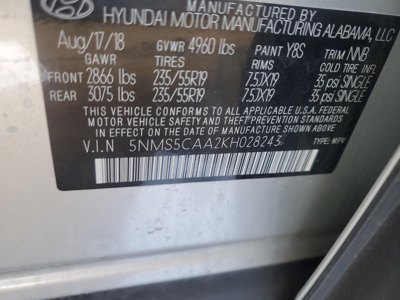 2019 Hyundai Santa Fe VIN 5NMS5CAA2KH028243 Copart auction photo, front end / minor dent/scratches damage thumbnail 14