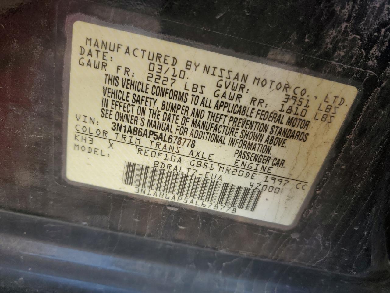 2010 Nissan Sentra VIN 3N1AB6AP5AL678778 Copart auction photo, side / minor dent/scratches damage thumbnail 12