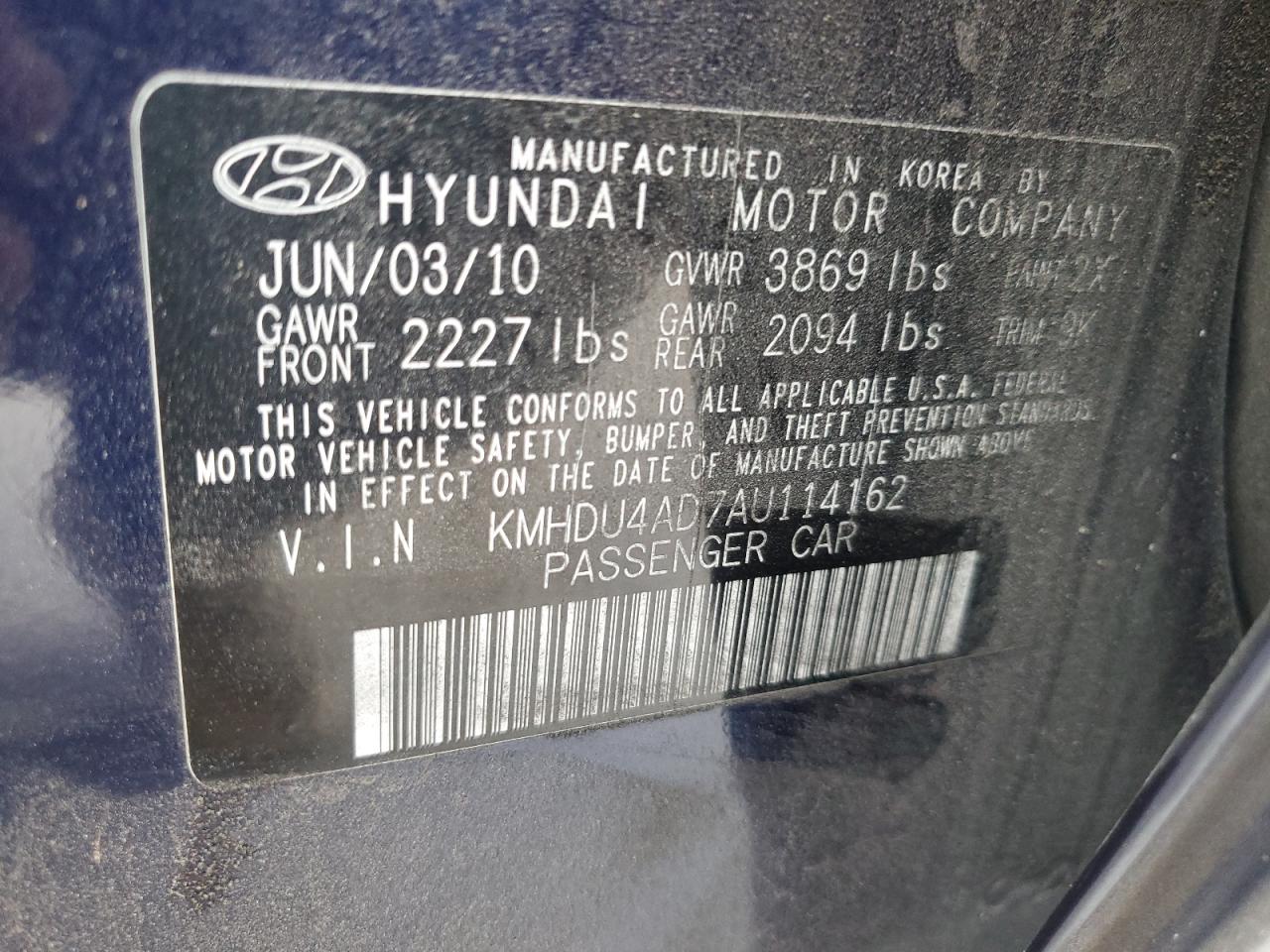 2010 Hyundai Elantra VIN KMHDU4AD7AU114162 Copart auction photo, all over damage thumbnail 13