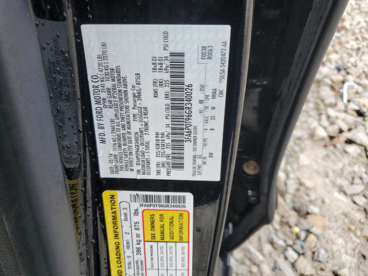 2016 Ford Fusion VIN 3FA6P0T96GR340026 Copart auction photo, side / front end damage thumbnail 14