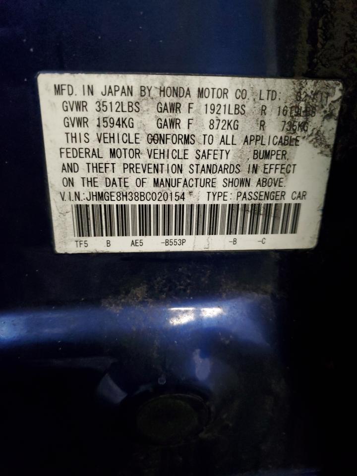 2011 Honda Fit VIN JHMGE8H38BC020154 Copart auction photo, rear end damage thumbnail 12