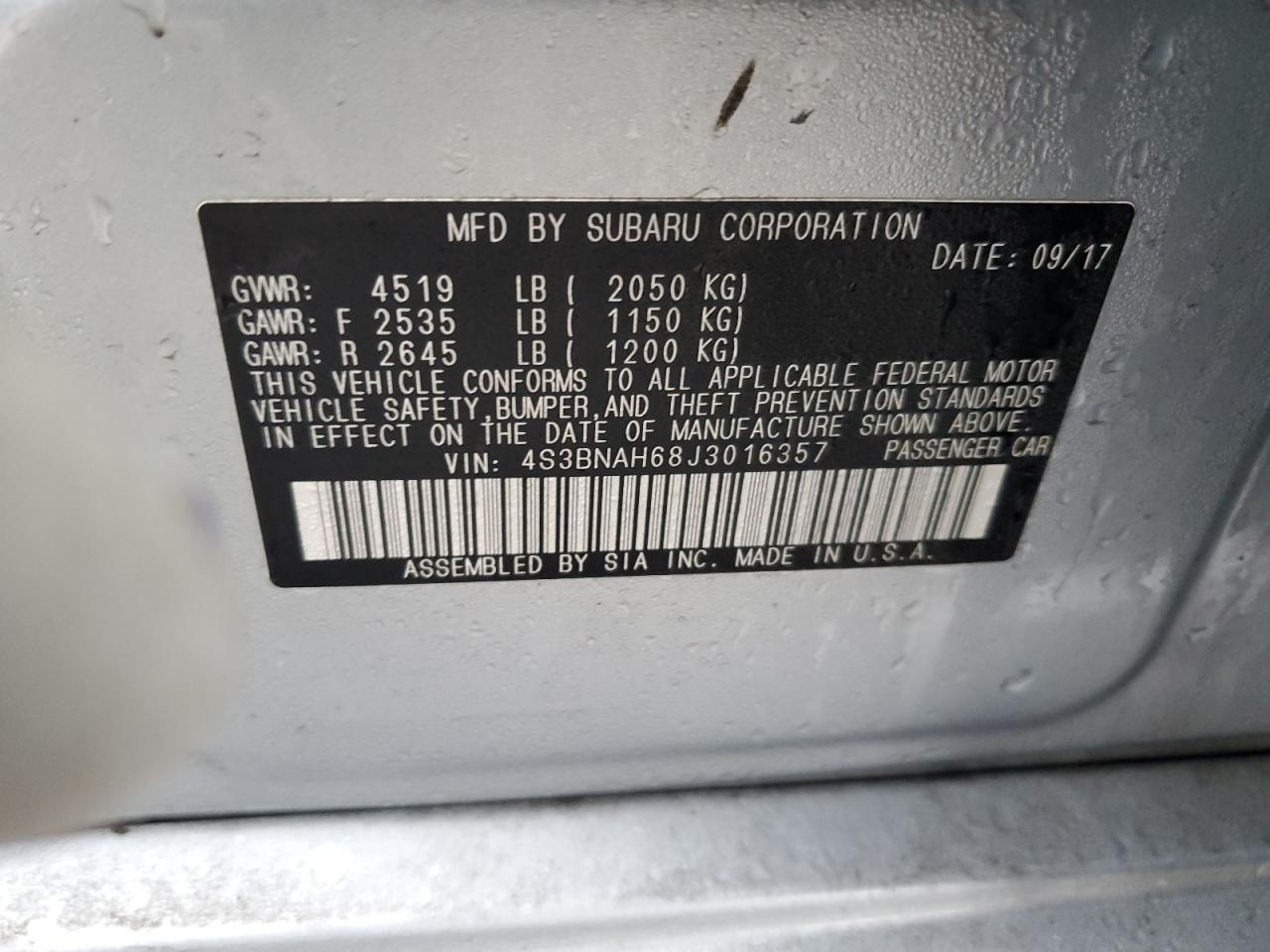 2018 Subaru Legacy VIN 4S3BNAH68J3016357 Copart auction photo, front end / undercarriage damage thumbnail 12