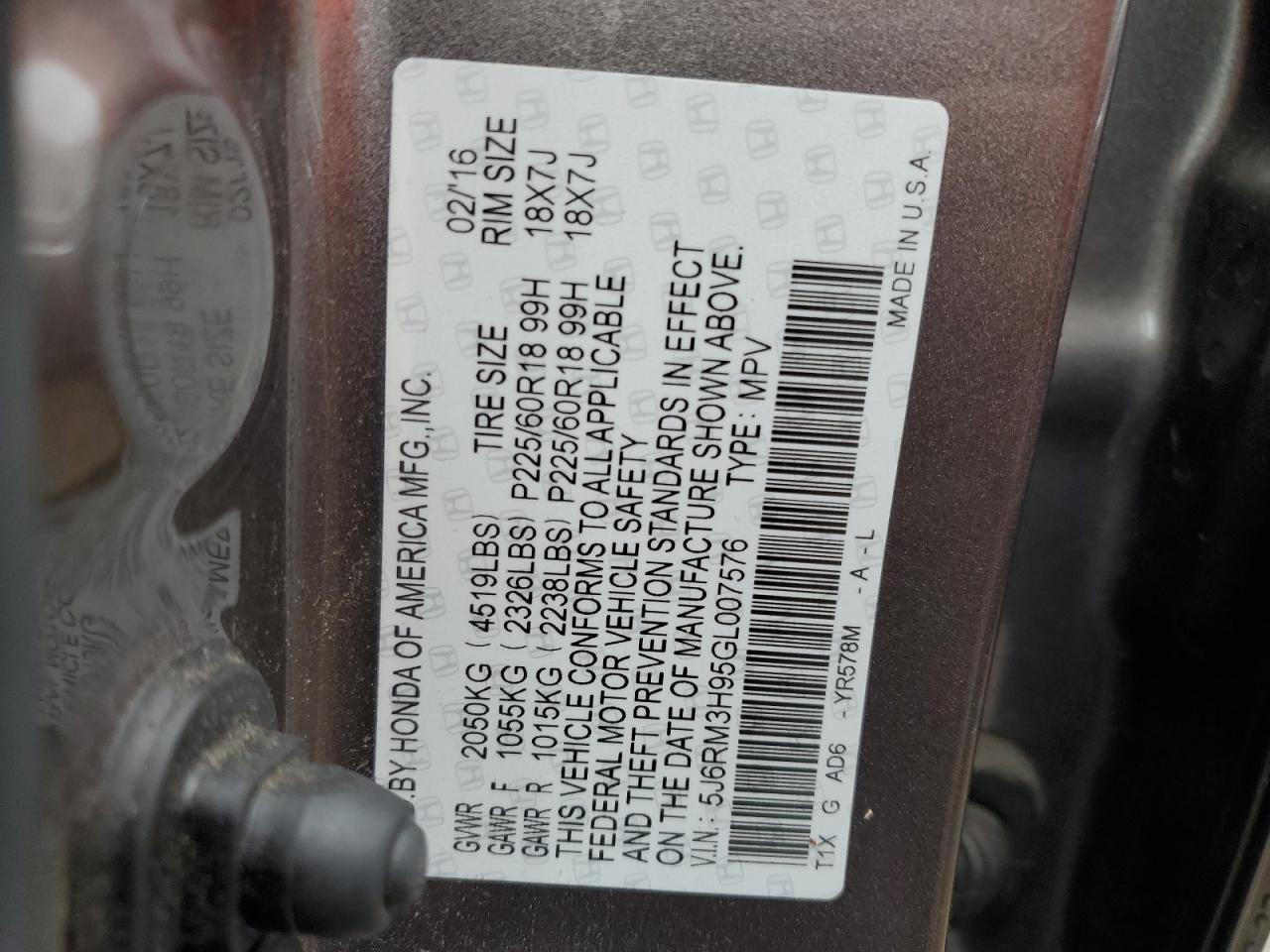 2016 Honda CR-V VIN 5J6RM3H95GL007576 Copart auction photo, front end / side damage thumbnail 14