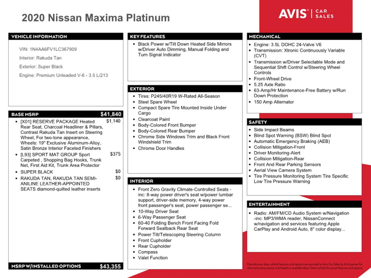 2020 Nissan Maxima VIN 1N4AA6FV1LC367909 Copart auction photo, burn / replaced vin damage thumbnail 10