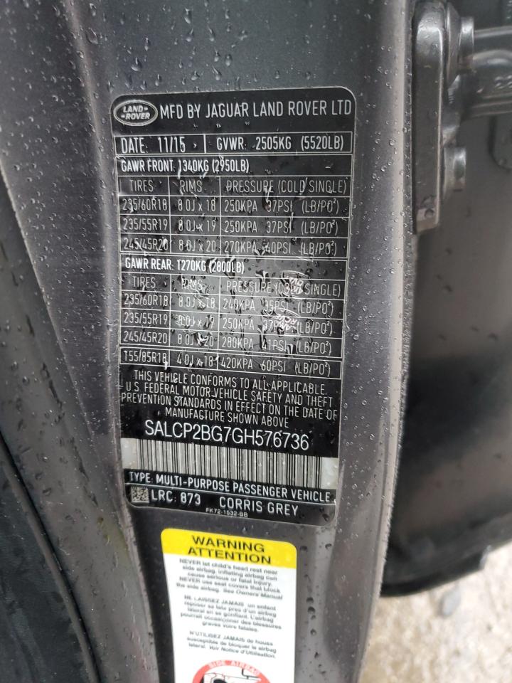 2016 Land Rover Discovery VIN SALCP2BG7GH576736 Copart auction photo, rear end damage thumbnail 15
